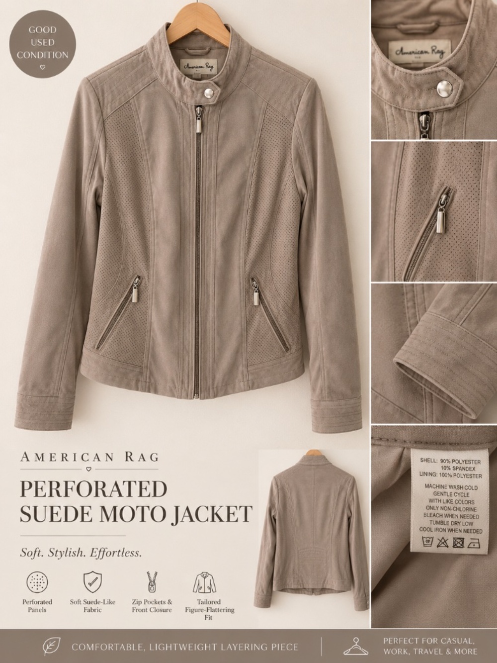 American Rag Faux Suede Moto Jacket Taupe Beige Zip Front Soft Lined Size S